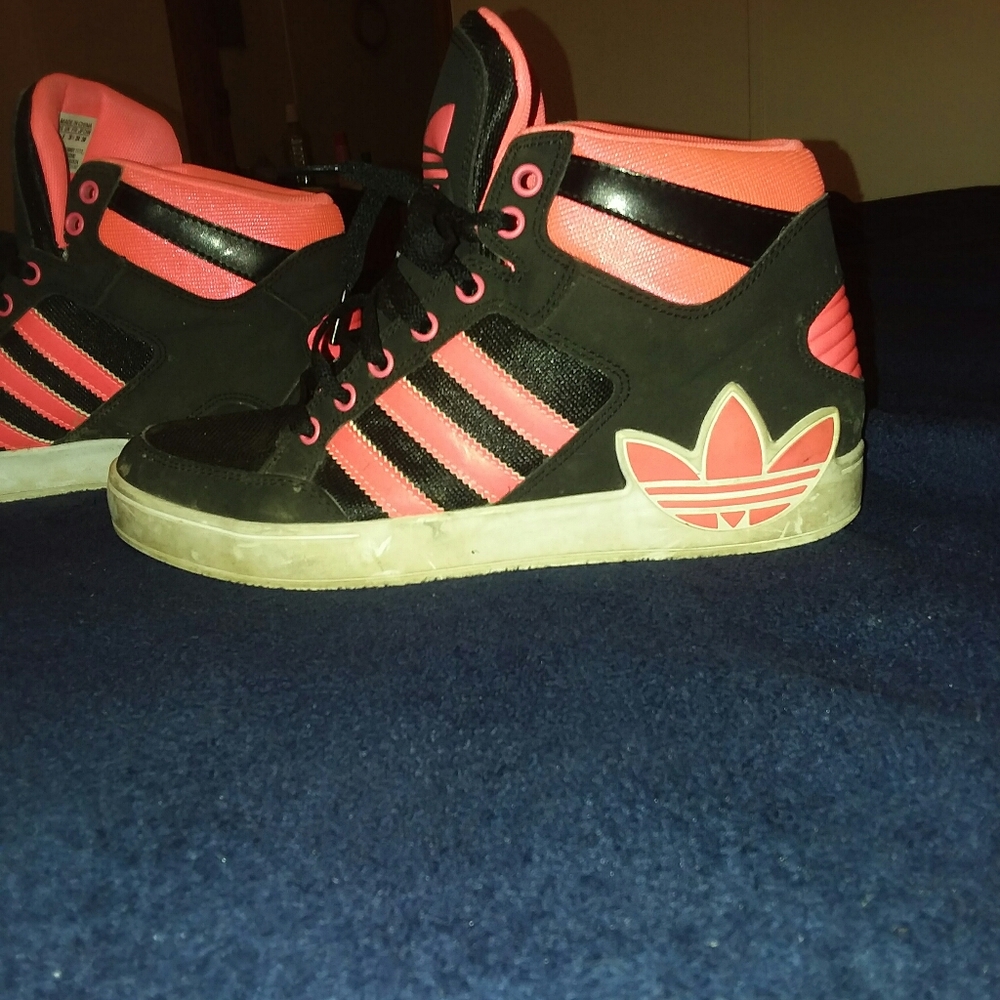 adidas hightops with orange pink neon colors